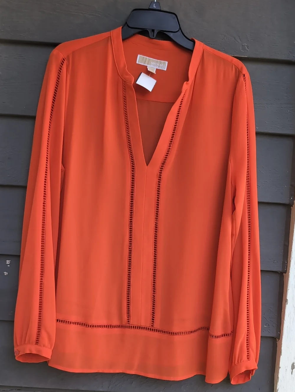 Michael Kors Classic Orange V-Neck Long Sleeve Blouse Size Large